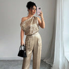 Langry fashion golden snakeskin one-shoulder high-waist jumpsuit