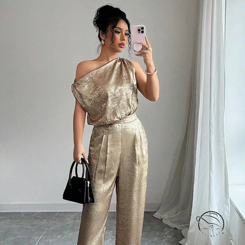 Langry golden high waist casual jumpsuit with snakeskin texture