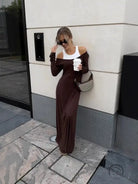 Attractive two-piece langry fashion dress: long brown bodycon with white tank top