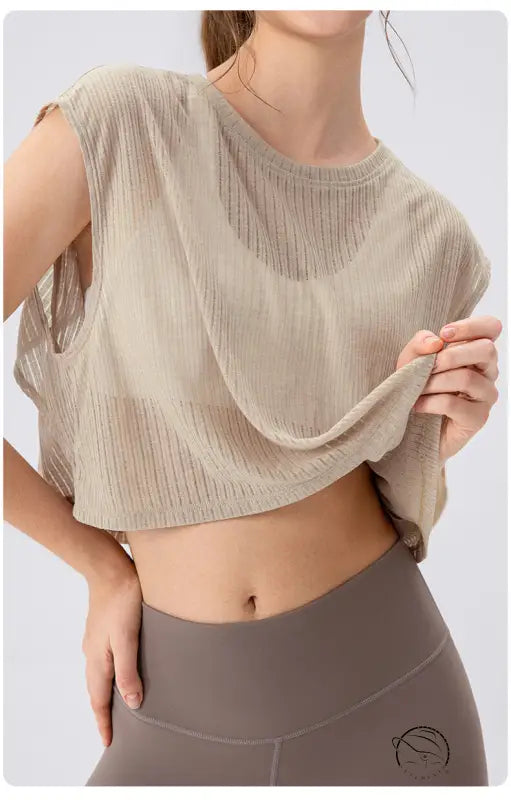 Summer Yoga Blouse Women Hollow out Cutout Breathable Sleeveless Top Short Loose Running Sports Workout