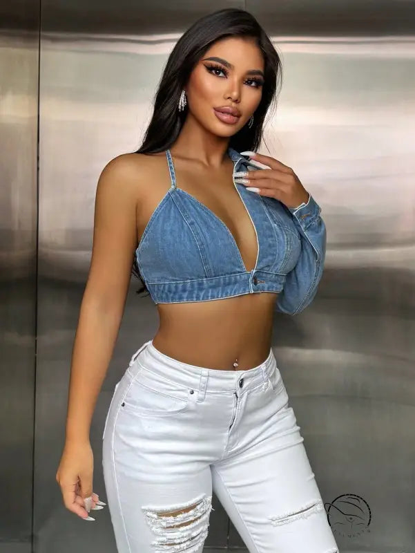 Popular Strap Matching Long Sleeve Denim Top