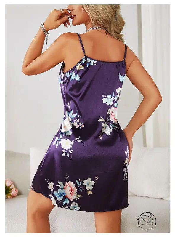 Floral ice silk strap night dress in satin for women