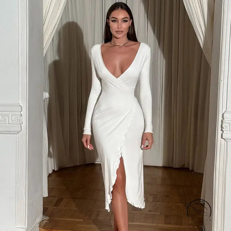Elegant white langry fashion wrap dress with plunging neckline and slit