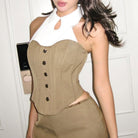 Elegant beige langry fashion corset with black buttons and white halter top