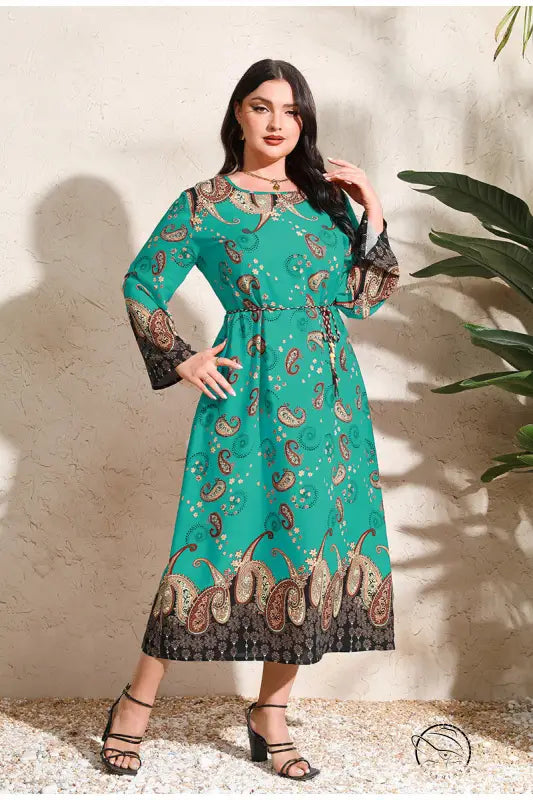 Ethnic Loose Maxi Dress Cashew Printed Long Sleeve