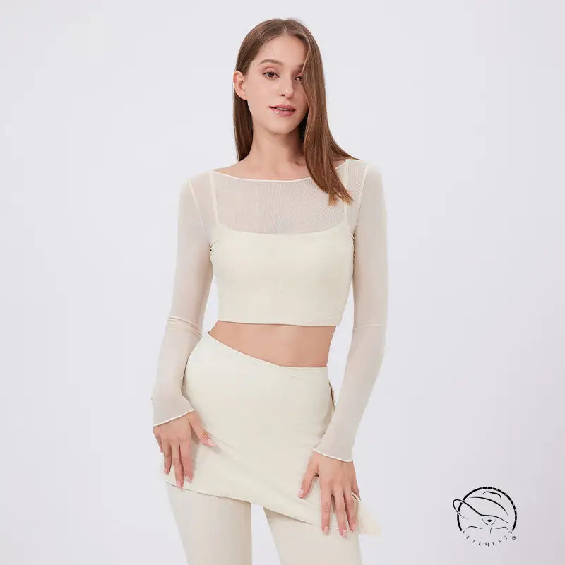 Cream faux two piece mesh sports long sleeve cropped top with sheer panels