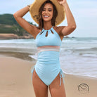 Light blue Langry one-piece swimsuit with cutouts and ruched ties