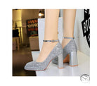 Waterproof Low Cut Square Toe Sequ Ankle Strap Shoes