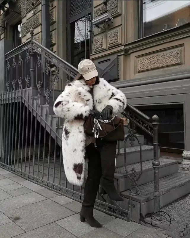 Cozy faux fur long coat in white black speckled design