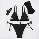 Black string bikini four piece set swimwear with arm sleeves and headband for women