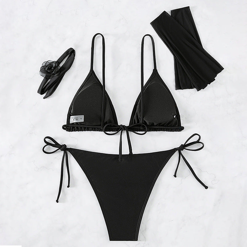 Black string bikini four piece set swimwear with arm sleeves and headband for women