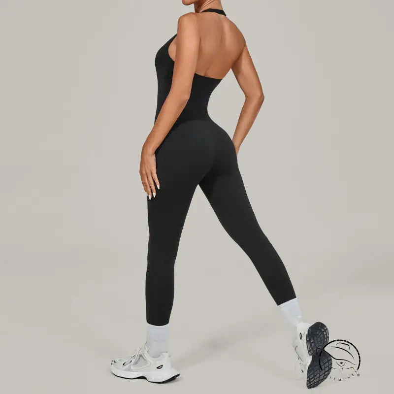 Langry black halter yoga jumpsuit, form-fitting backless athletic fashion wear