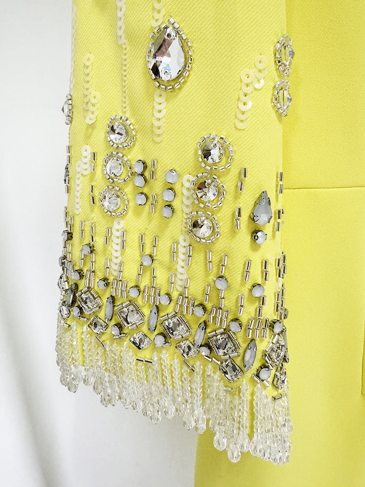 Embellished yellow dress sleeve of the Diamond Embedded Mid Length Dress in fashion ملابس