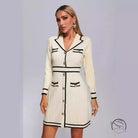 Elegant cream knitted classic dress with black trim