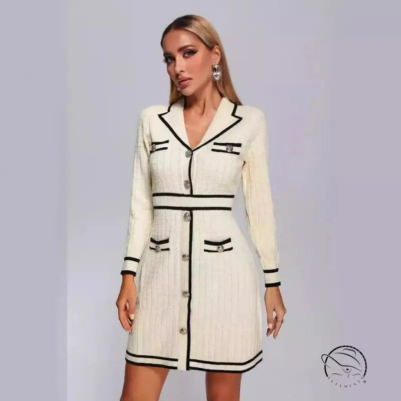 Elegant cream knitted classic dress with black trim