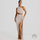 Stunning cutout lace pleated dress in beige one-shoulder crop top style