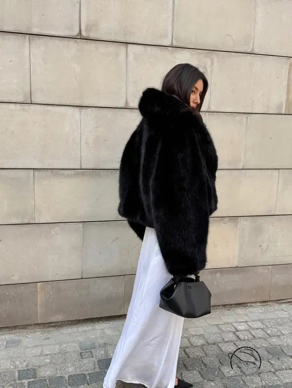 Cozy short faux fur coat with black hood and fox trim, Langry fashion