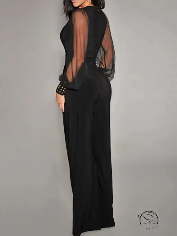 Elegant black langry fashion jumpsuit with sheer mesh sleeves and peplum waist