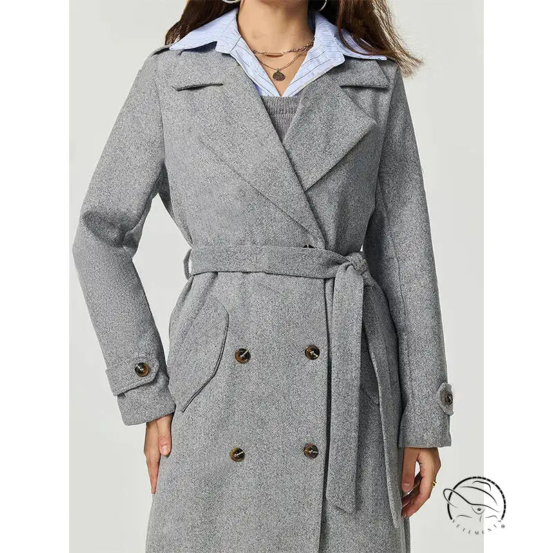 Gray wool double-breasted langry fashion trench coat with belt