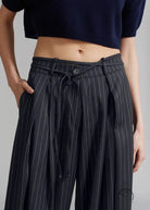 Black pinstripe wide-leg loose drooping casual work pants