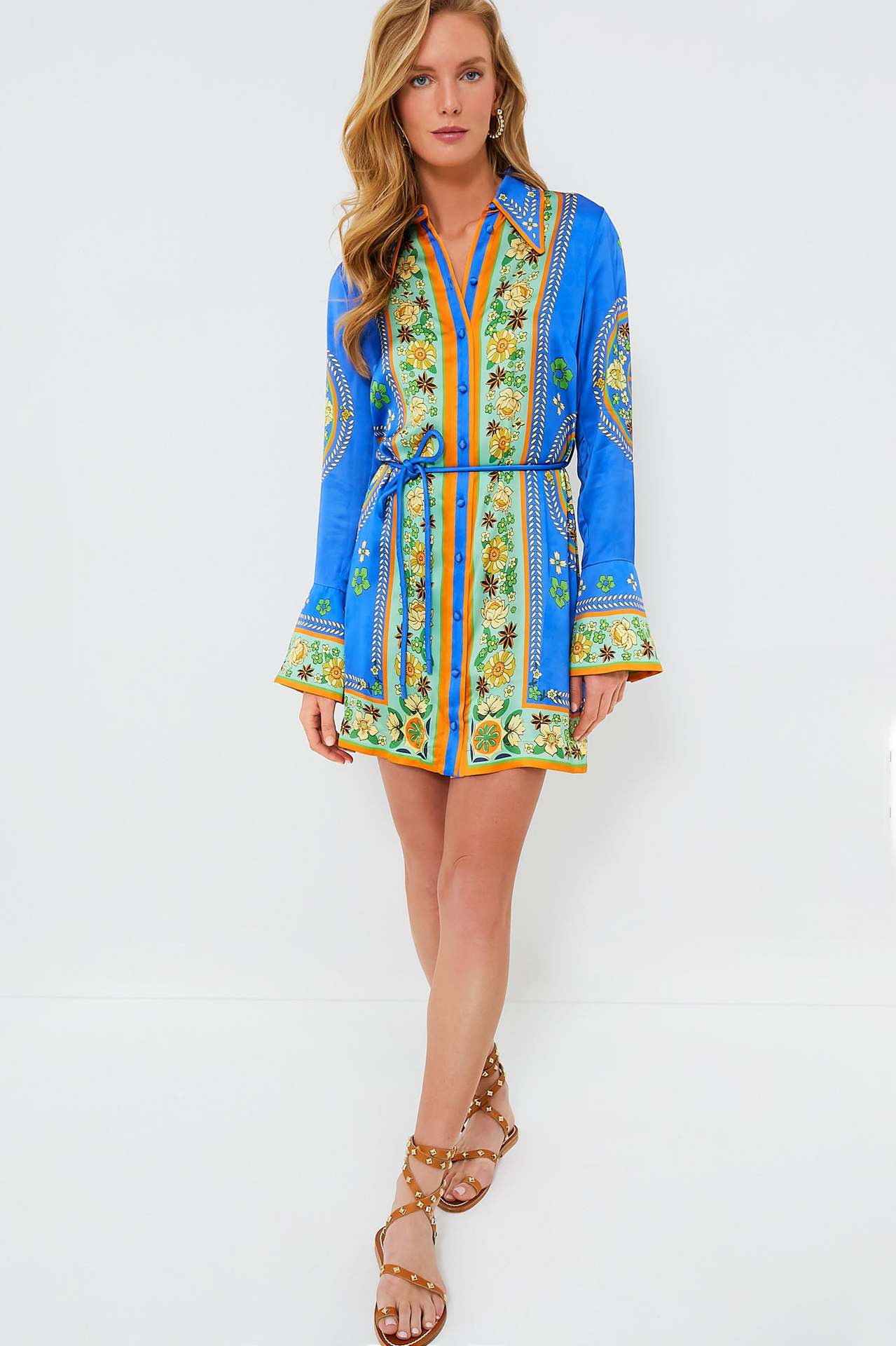 Collared Tied Waist Positioning Print Holiday Long Sleeve Dress Women