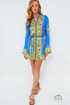 Collared Tied Waist Positioning Print Holiday Long Sleeve Dress Women