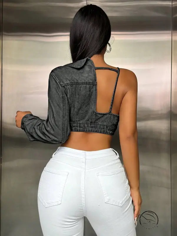 Popular Strap Matching Long Sleeve Denim Top