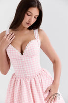 Stunning v neck sling dress in pink and white gingham