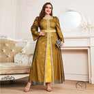 Elegant long sleeve A-line dress in gold Moroccan style with lace trim