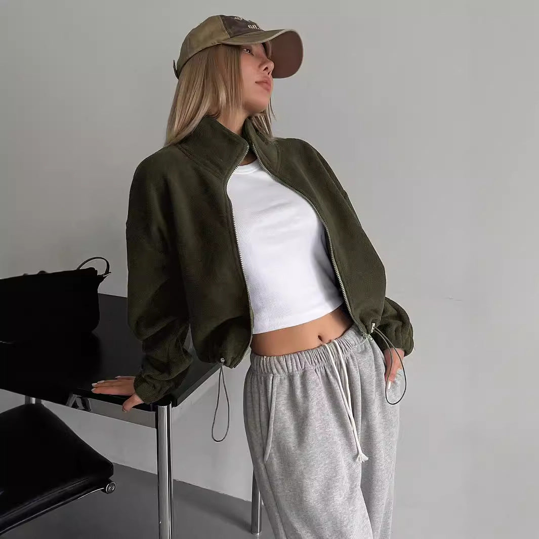 Langry olive green zip-up fleece bomber jacket, cozy fashion coat