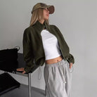 Langry olive green zip-up fleece bomber jacket, cozy fashion coat