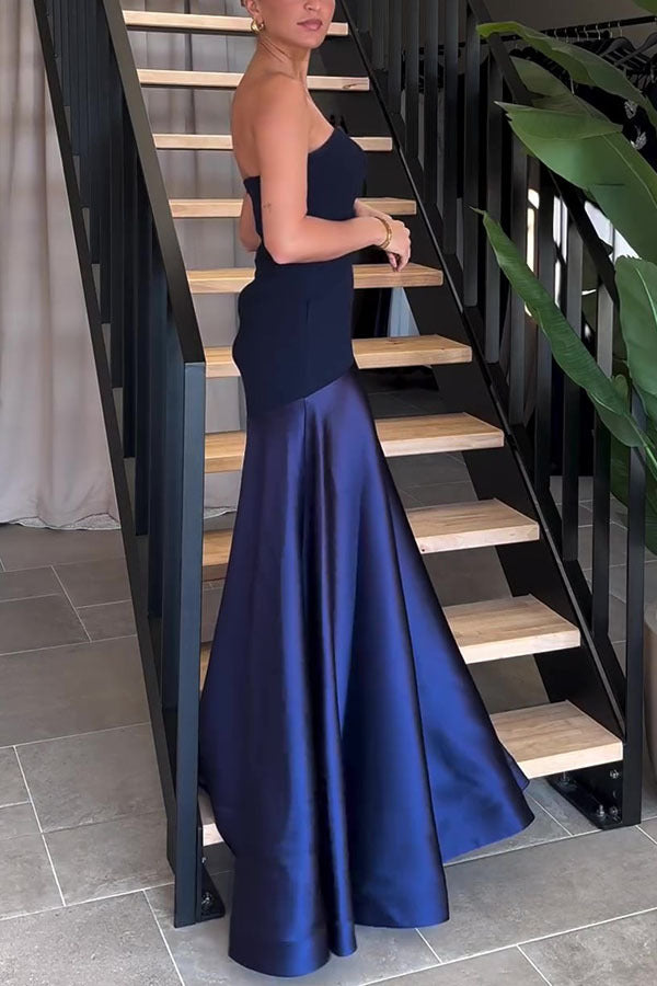Elegant strapless navy gown from Beautiful Satin Dress, perfect for luxury fashion ملابس