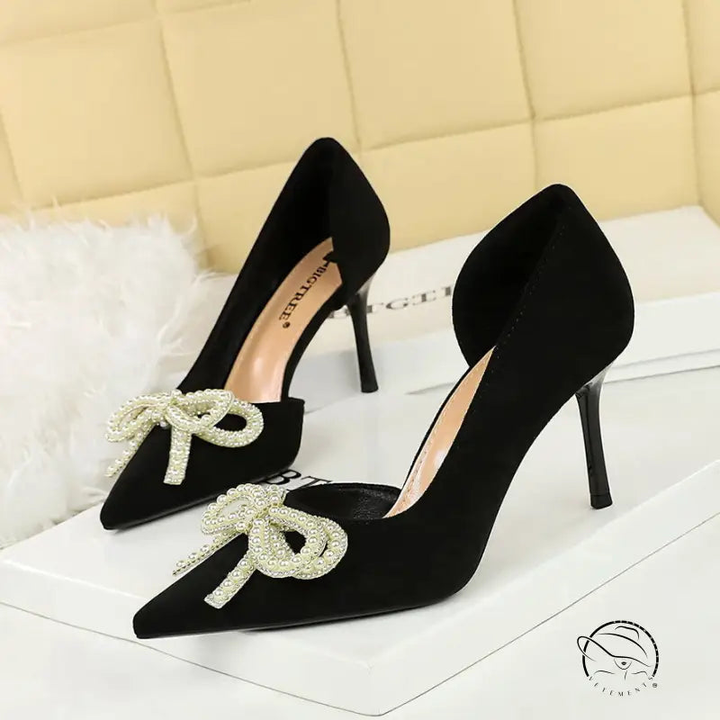 Cute Rhinestone Pearl Bow High Heels