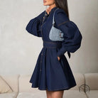 Dark blue denim shirt fashionable dress with voluminous sleeves and flared skirt