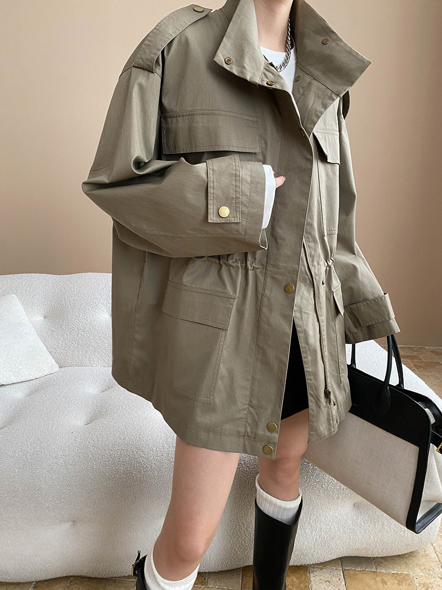 Fashionable langry olive green retro trench coat with gold buttons