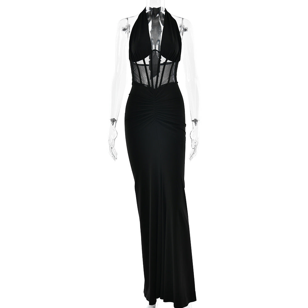 Elegant Langry black lace-up maxi sheath dress with sheer sleeves