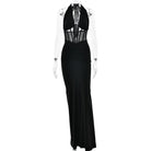 Elegant Langry black lace-up maxi sheath dress with sheer sleeves