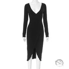 Elegant black long-sleeved v-neck fashion dress with front slit, Attractive Night out