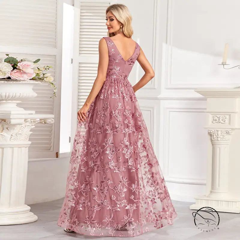Mauve mesh floral print sleeveless evening gown with embroidery