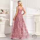 Mauve mesh floral print sleeveless evening gown with embroidery