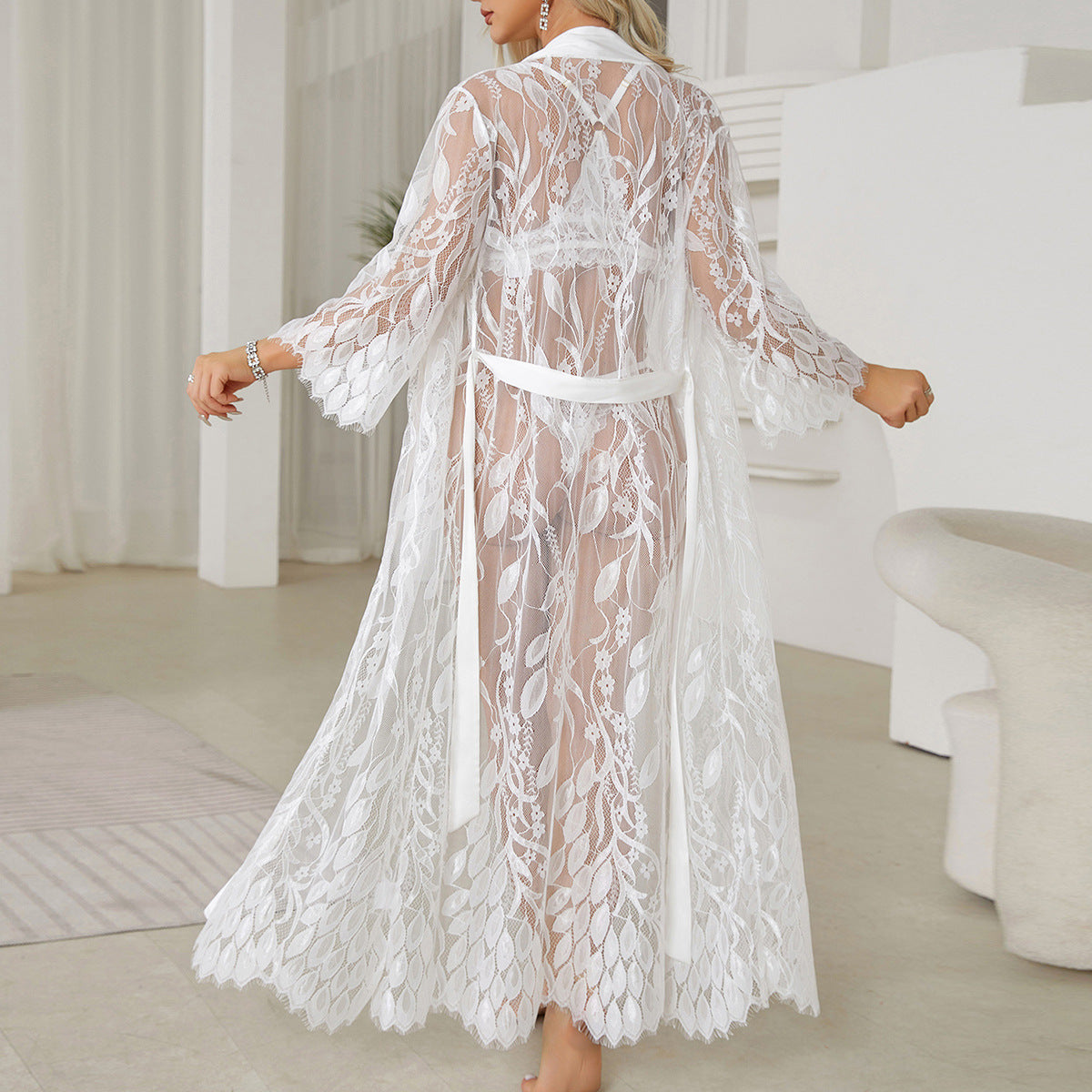 White lace floral robe with tie belt in Langry fashion pajamas