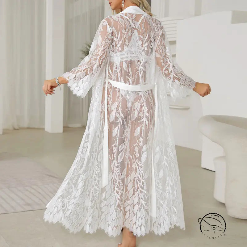 Elegant white lace robe with floral pattern and tie belt in langry fashion pajamas