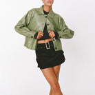 Langry olive green faux leather jacket with oversized sleeves
