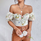 Floral lace backless puff sleeve corset with steel ring boning for elegant style