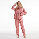Shiny pink satin langry pajamas with bold stripes, long-sleeved shirt and trousers