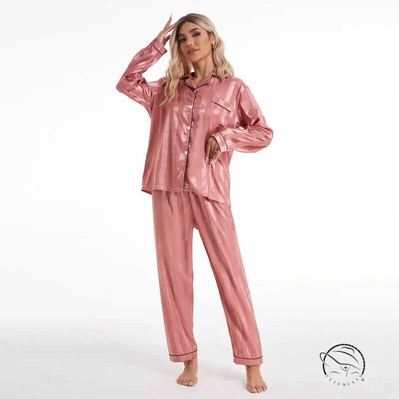 Shiny pink satin langry fashion pajamas with bold stripes
