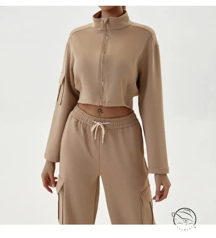 Tan cropped tracksuit in winter workwear casual sports sets