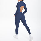 Navy blue long sleeve yoga zipper one piece with back cutout design