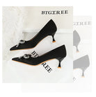 Elegant black satin langry fashion stiletto with rhinestone bow and silver charm