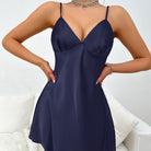 Navy blue satin langry slip dress with deep v-neckline in fashion style